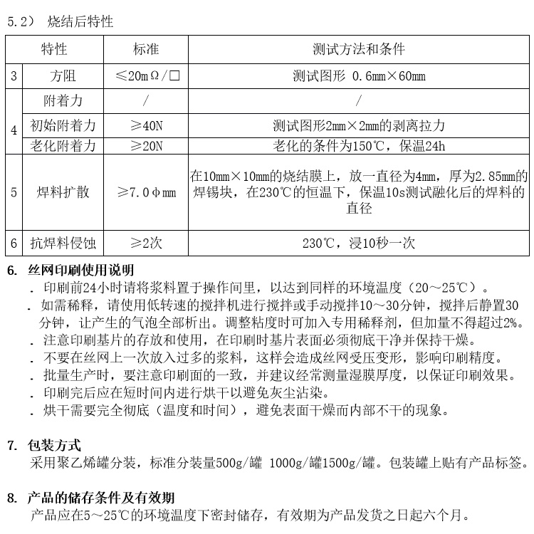 高压电阻器银钯浆参数